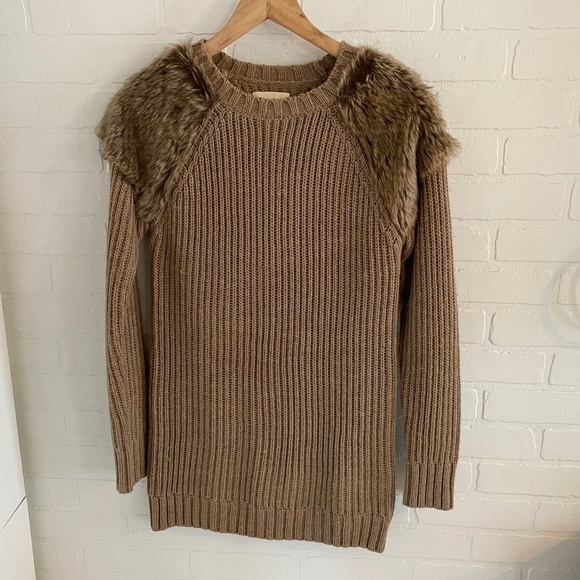 Zara knit Women’s Knit Dress/Tunic/Sweater Wool Mohair Blend Faux fur Tan Sz M - Picture 1 of 7